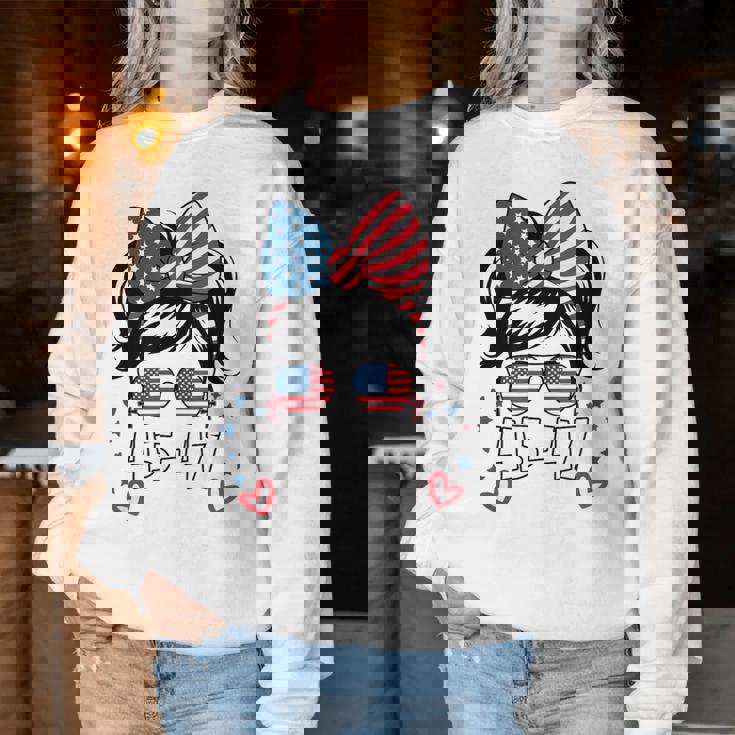 N Girl 45-47 Trump Messy Bun 2024 Usa Flag Youth Women Sweatshirt Personalized Gifts