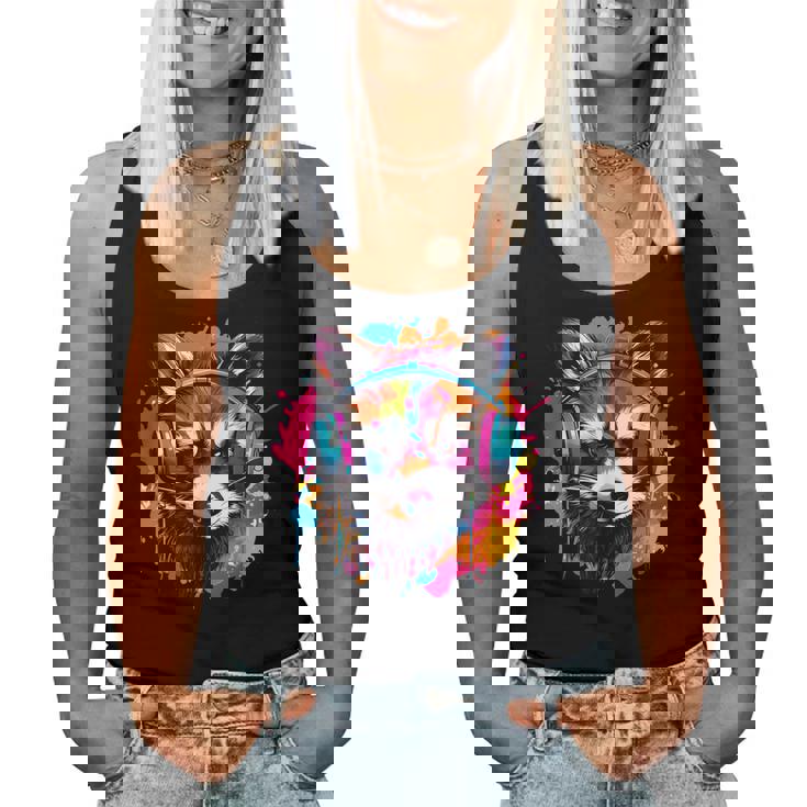 Colorful Raccoon Headphones Tank Top - Vintage Music Style - Men & Women