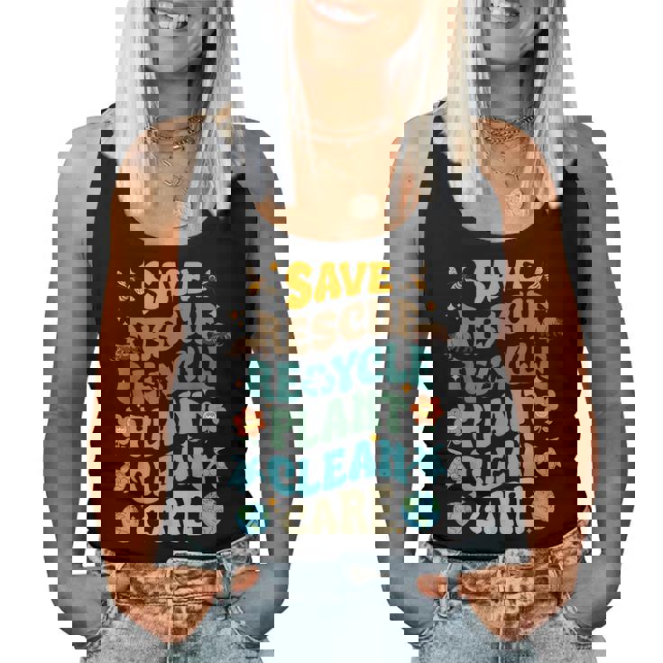 Fun Earth Day Save Rescue Recycle Plant Clean Care Earth Day Women Tank Top