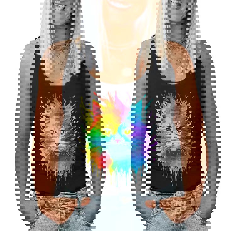 Rainbow Cat Realistic Watercolor Cute Cat Paint Colorful Cat Women Tank Top