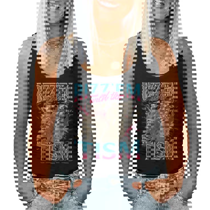 Rizz Em With The Tism Meme Autism Autistic Raccoon Women Tank Top