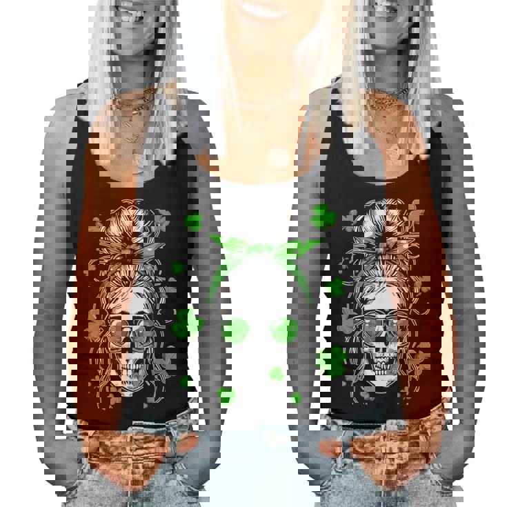 Skull Woman Messy Bun Hair Sunglasses Patrick's Day Clovers Women Tank Top