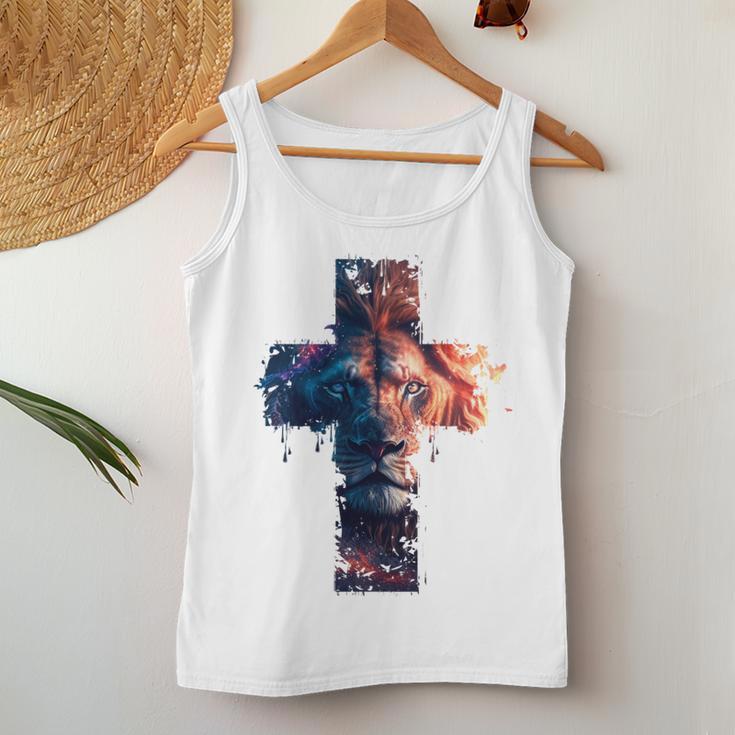 Lion Of Judah Cross Jesus Christ Christian Faith Graphic Blue Tank Top Frauen Lustige Geschenke