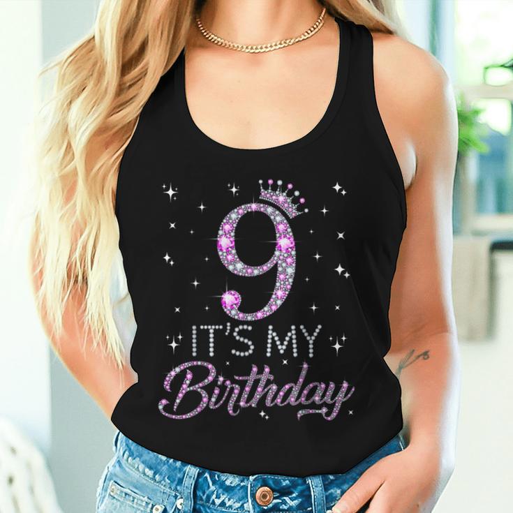 9 It's My Birthday Pink Crown Happy 9Th Birthday Girl Tank Top Frauen Geschenke für Sie