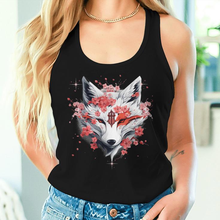 Kitsune Fox Mask Japanese Anime Kawaii Blossom Cherry Flower Tank Top Frauen Geschenke für Sie