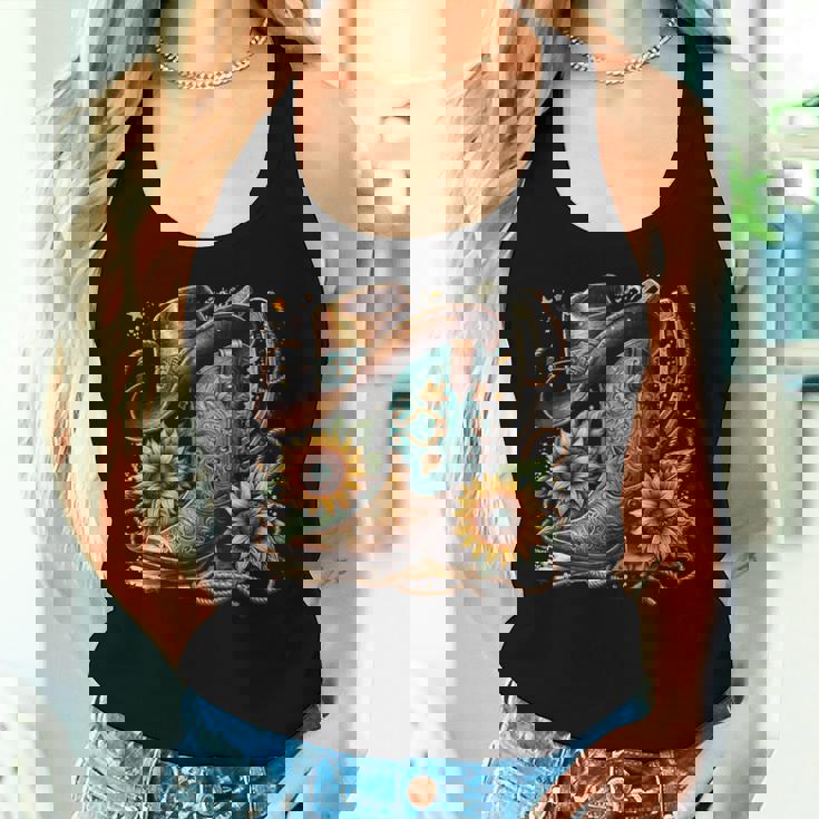 Western Cowboy Boot Horseshoe Sunflower Rope Cowgirl Boot Women Tank Top Gifts for Her