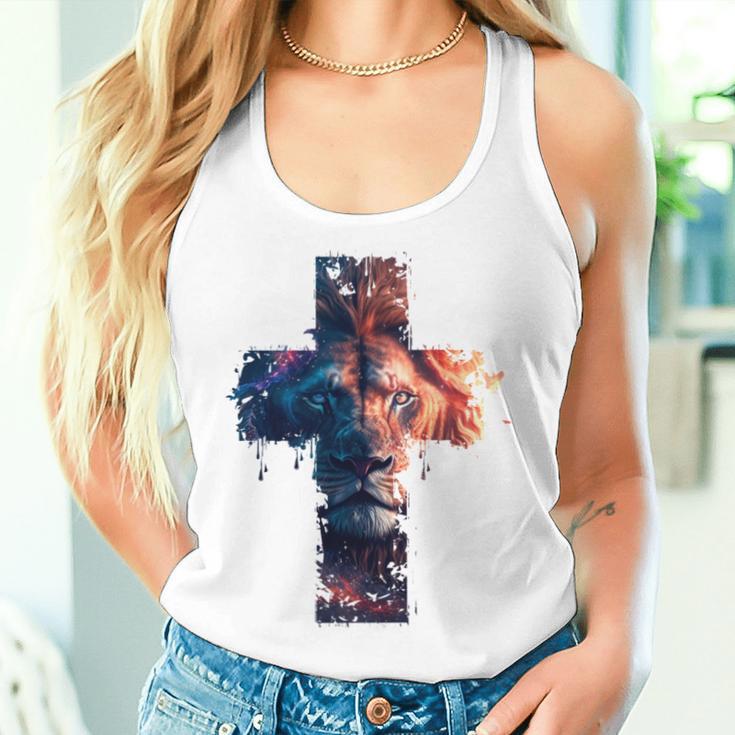 Lion Of Judah Cross Jesus Christ Christian Faith Graphic Blue Tank Top Frauen Geschenke für Sie