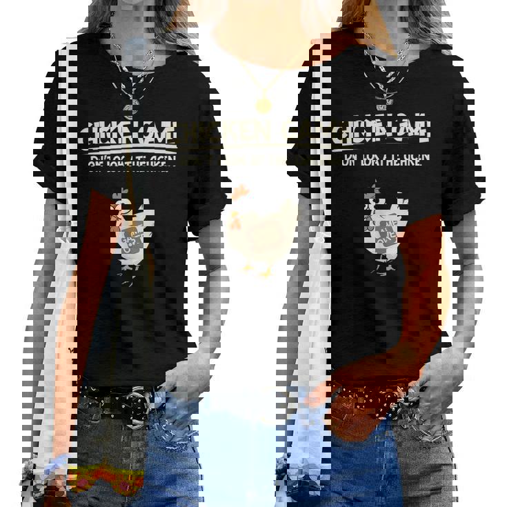 Chicken Game Ltd Divertido Diseño De Pollo Con Texto En Inglés Don't Look Niños Negro Manga De Doble Puntada Camiseta de mujer
