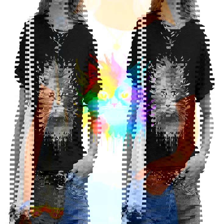 Rainbow Cat Realistic Watercolor Cute Cat Paint Colorful Cat Women T-shirt