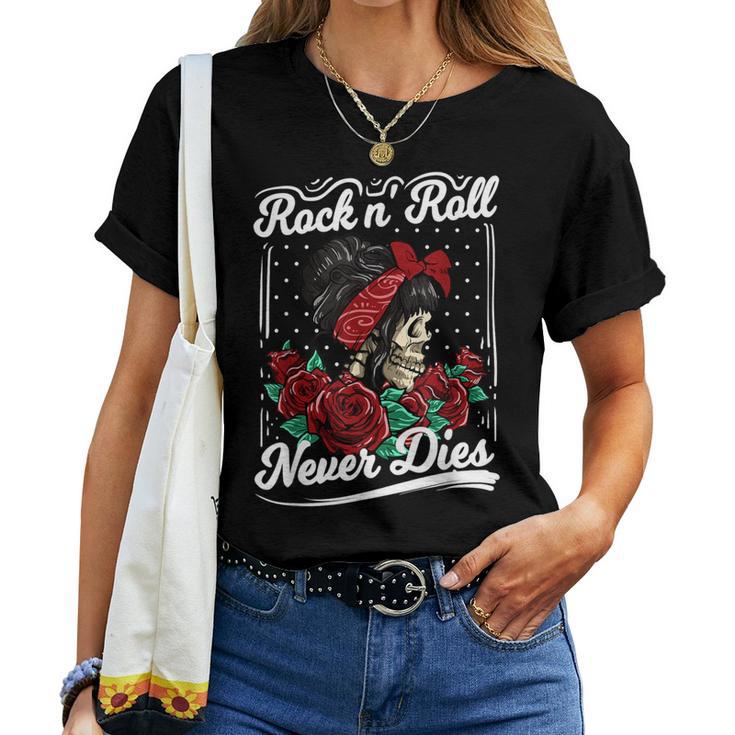 Rock N Roll Never Dies Rockabilly Girl Skull Tattoo Pin-Up T-shirt Frauen