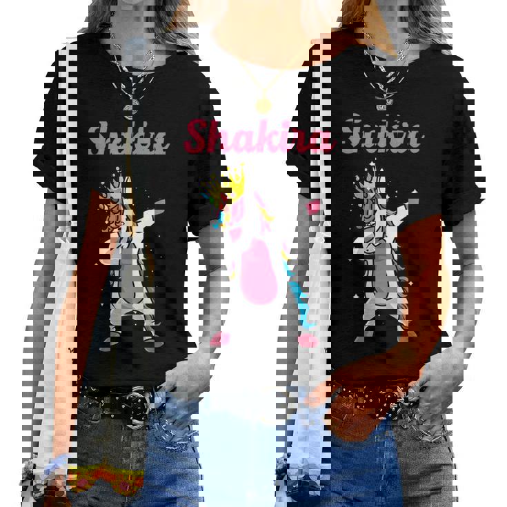 Shakira Nombre Personalizado Cumpleaños Dabbing Unicorn Queen Camiseta de mujer