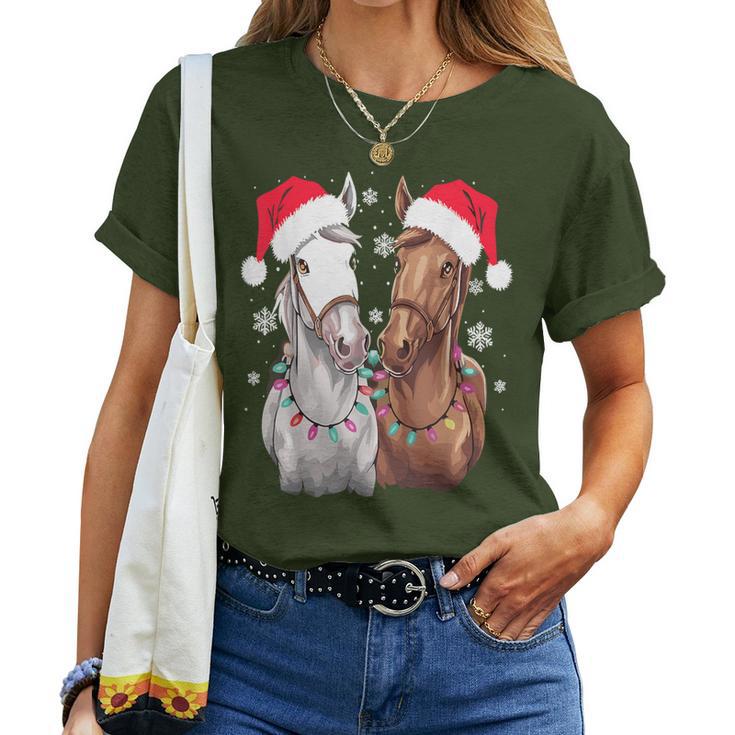 Christmas Lights For Horse Lovers Reindeer Santa Hat Horse Christmas T-shirt Frauen