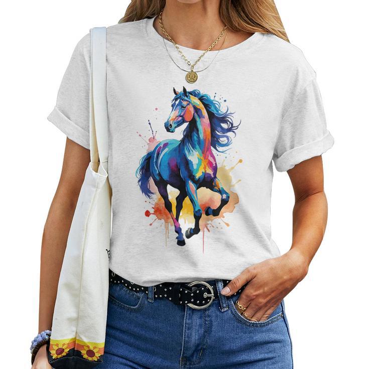 Children's Colourful Horse In Gallop Cute Horses Girls Stable And Riding Blue T-shirt Frauen