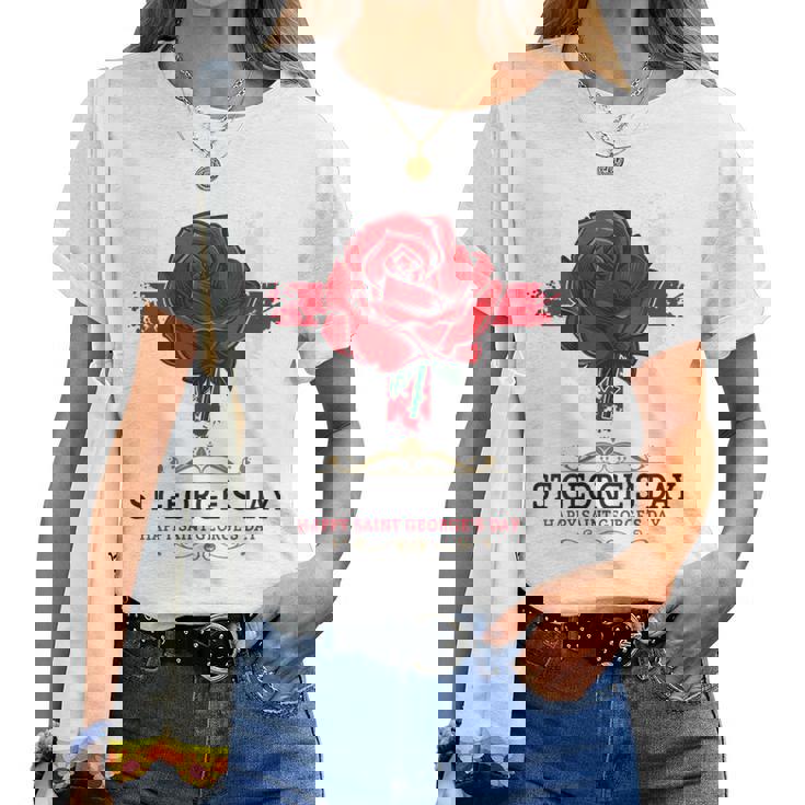 Idea De Traje Para El Día De San Jorges Para Niños Con Rosa Y Bandera Inglesa Cuello Camiseta de mujer