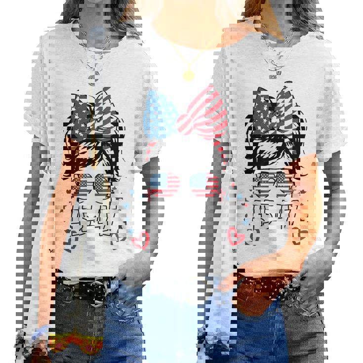 N Girl 45-47 Trump Messy Bun 2024 Usa Flag Youth Women T-shirt