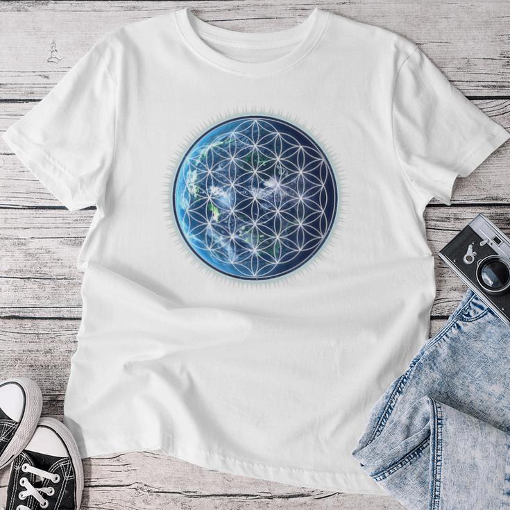 Flower Of Life With Earth Sacred Geometry Yoga Blue T-shirt Frauen Lustige Geschenke