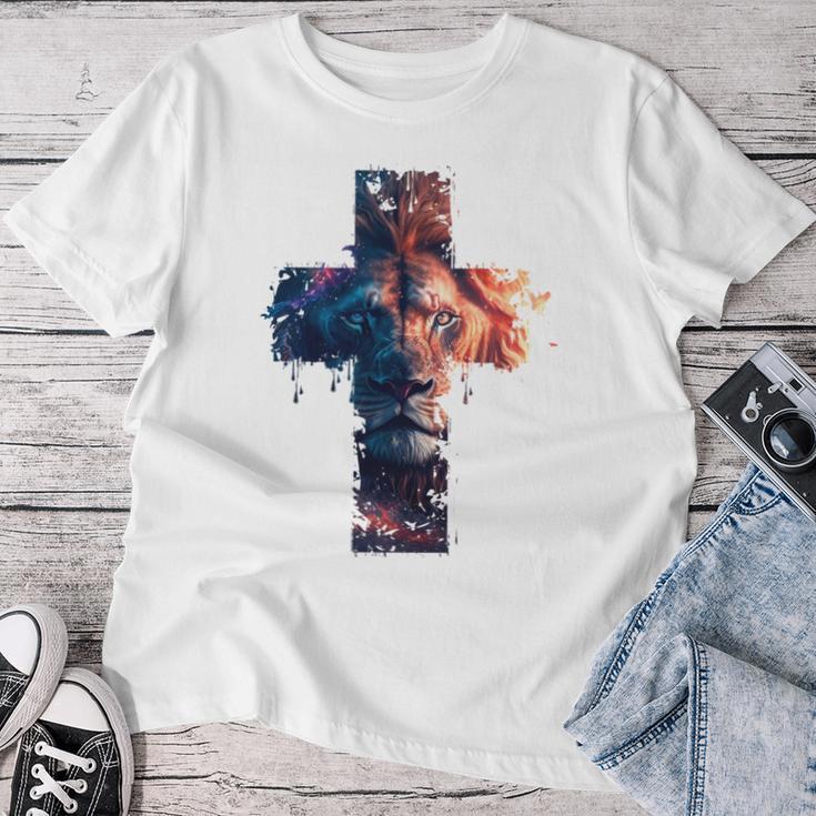 Lion Of Judah Cross Jesus Christ Christian Faith Graphic Blue T-shirt Frauen Lustige Geschenke