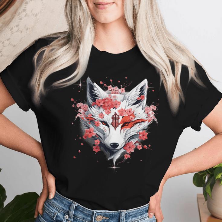 Kitsune Fox Mask Japanese Anime Kawaii Blossom Cherry Flower T-shirt Frauen Geschenke für Sie