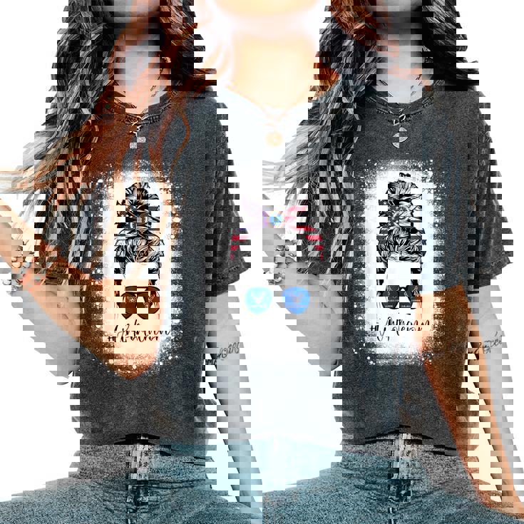 Bleached Air Force Mom Life Messy Bun Us Flag Women's Oversized Comfort T-Shirt