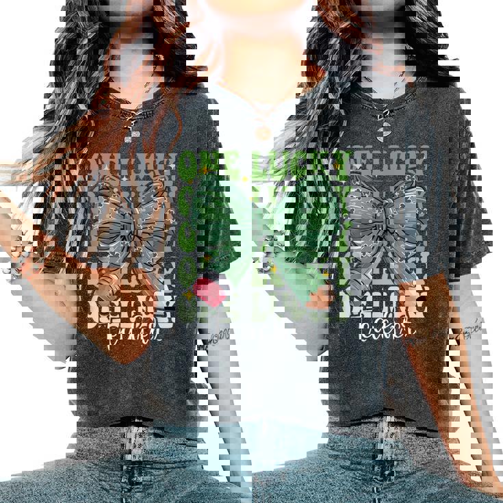 One Lucky Teacher Coquette Bow St Patricks Day Teacher Women's Oversized Comfort T-Shirt