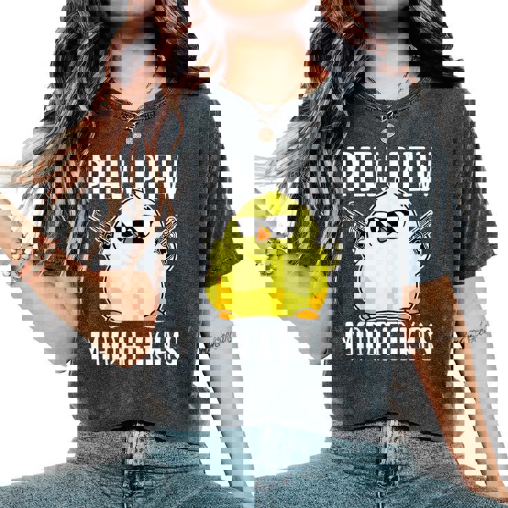 Pew Pew Madafakas Crazy Chicken Gun Regalos Divertidos Camiseta extragrande cómoda para mujer