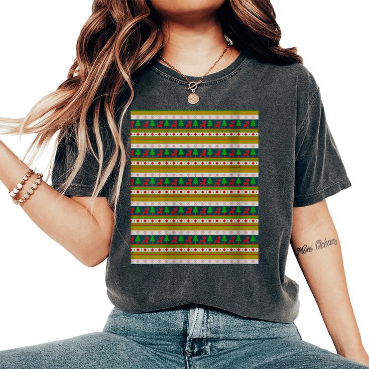 Reindeer And Christmas Tree Knit Pattern Women's Oversized Comfort Colors T-Shirt Reindeer And Christmas Tree Knit Pattern Women's Oversized Comfort Colors T-Shirt