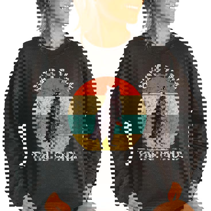Save The Trash Panda Raccoon Animal Retro Vintage Sunset Women's Oversized Sweatshirt