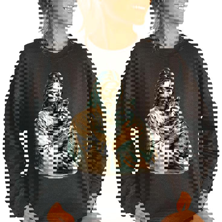Vintage Jesus & Raccoon Oversized Sweatshirt for Women | Cozy Wear