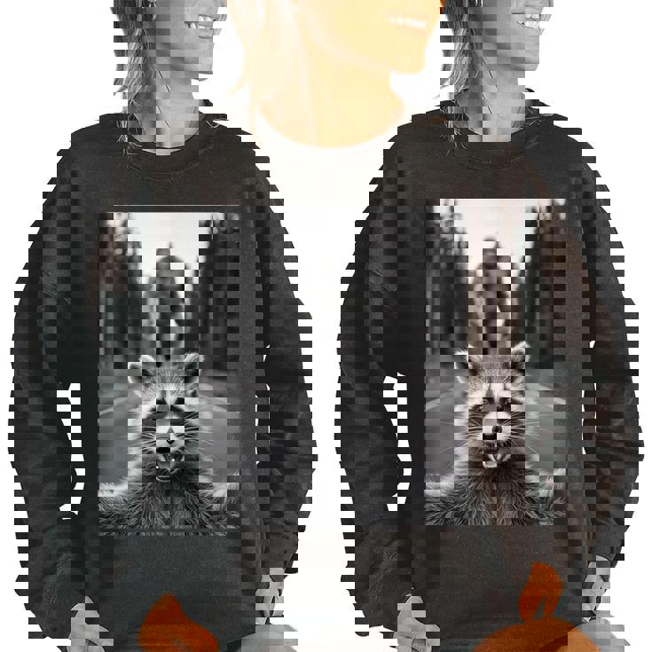 Women’s Oversized Sweatshirt - Scared Raccoon & Sasquatch Design