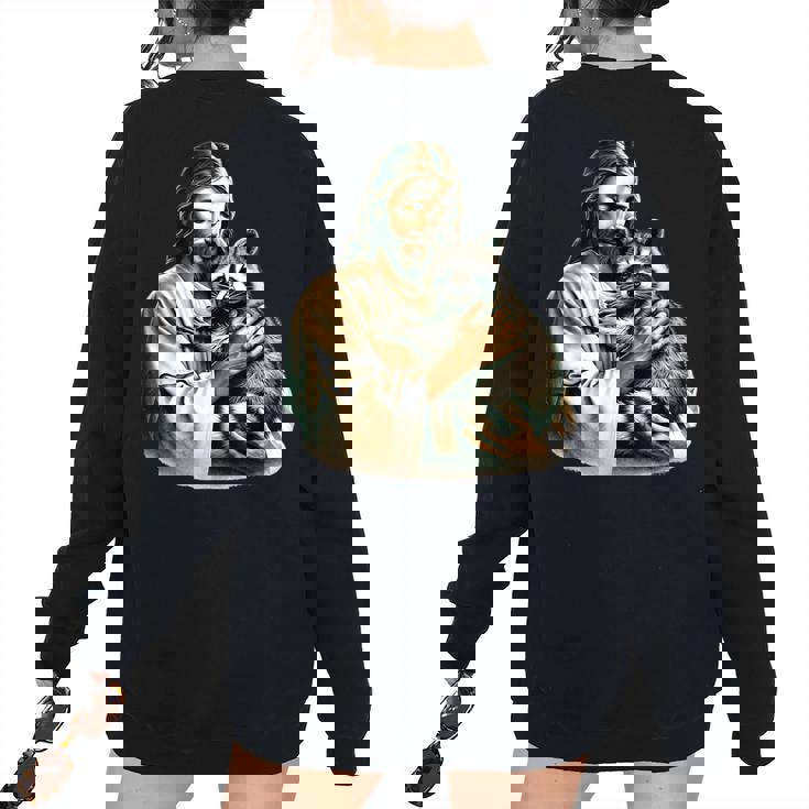 Vintage Distressed Jesus Hugging Raccoon Raccoon Lover Women's Oversized Sweatshirt Back Print