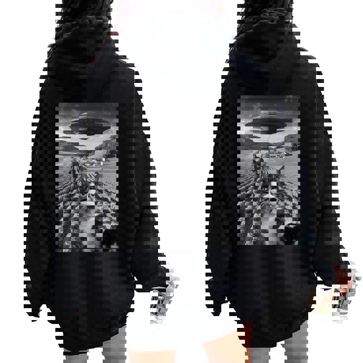 Cat Selfie With Alien Ufo bigfoot For Women Women Oversized Hoodie Back Print Cat Selfie With Alien Ufo bigfoot For Women Women Oversized Hoodie Back Print
