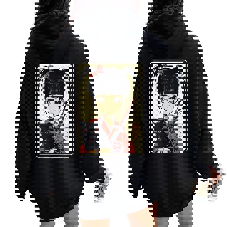 Japanese Gothic Kawaii Anime Samurai Cat Mom Woman Girls Women Oversized Hoodie Back Print