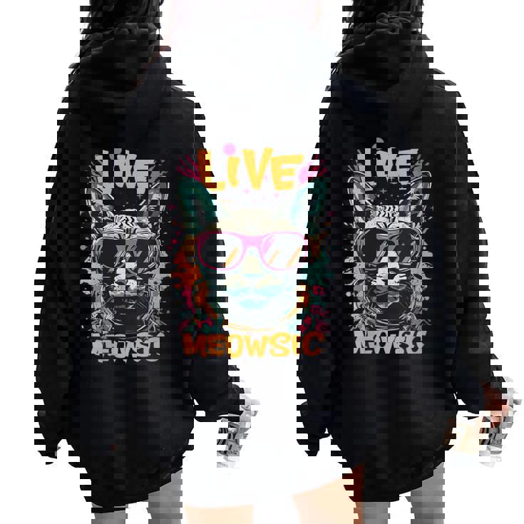 Live Meowsic Dj Sphinx Cat Disque Jockey Fun Edm Hiphop Musique Sweat à capuche oversize pour femme avec imprimé dans le dos