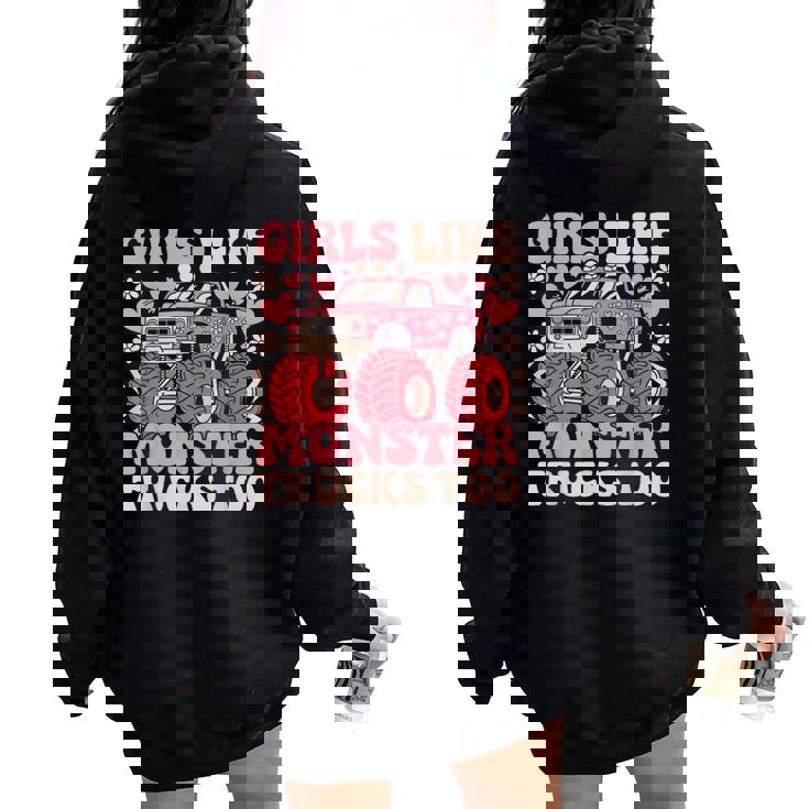 Monster Truck Girls Girls Like Monster Trucks Too Pink Women Oversized Hoodie Back Print