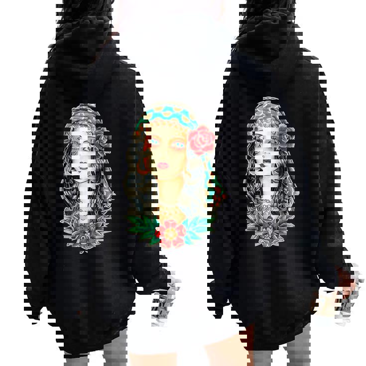 Pretty Girl Gypsy Fortune Teller Traditional Tattoo Flash Women Oversized Hoodie Back Print