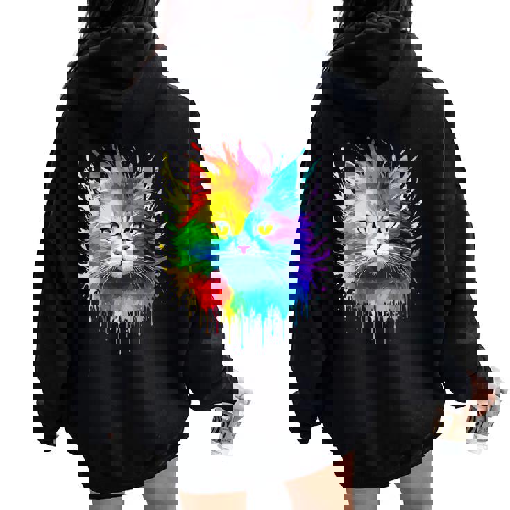 Rainbow Cat Realistic Watercolor Cute Cat Paint Colorful Cat Women Oversized Hoodie Back Print