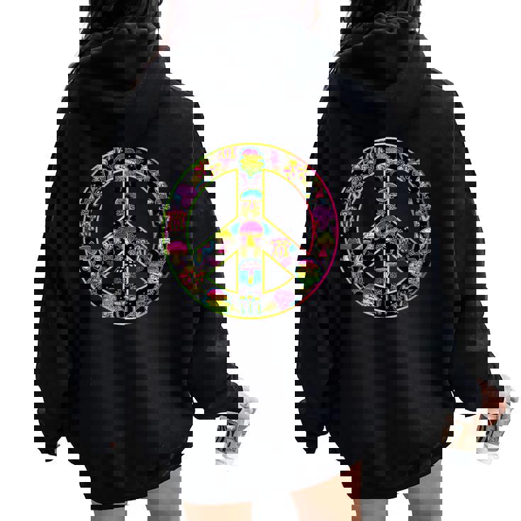 Signe De Paix Groovy Mushroom Cottagecore Retro Hippie Sweat à capuche oversize pour femme avec imprimé dans le dos