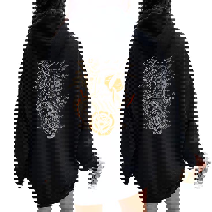 Sirène Squelette Traditionnel Tatouage Old School Tattoo Flash Sweat à capuche oversize pour femme avec imprimé dans le dos