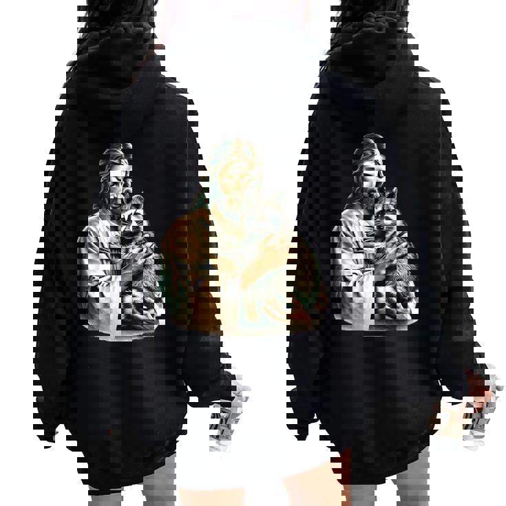 Vintage Distressed Jesus Hugging Raccoon Raccoon Lover Women Oversized Hoodie Back Print