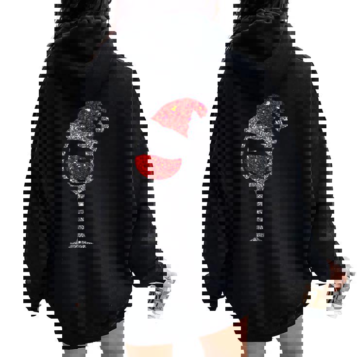 Christmas Wine Glass Of Red Wine Santa Hat Women Oversized Hoodie Back Print