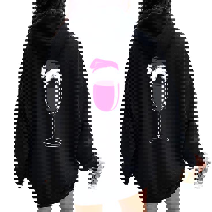 Wine With Red Wine Glass And Christmas Cap Christmas Cuello Women Oversized Hoodie Back Print