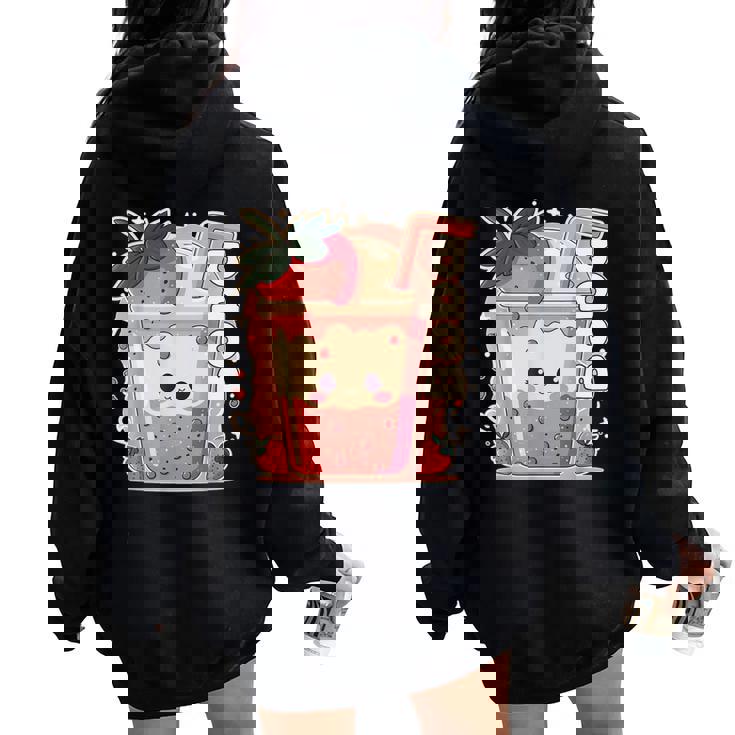 Strawberry Boba Anime Bubble Tea Neko Girls Kawaii Teen Women Oversized Hoodie Back Print