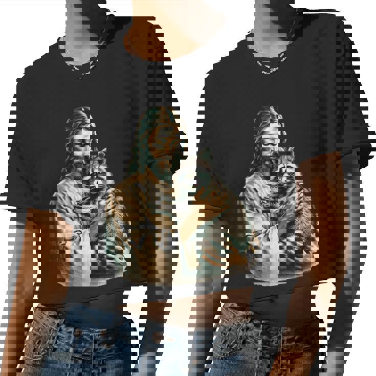 Vintage Distressed Jesus Hugging Raccoon Raccoon Lover Women Crop Top