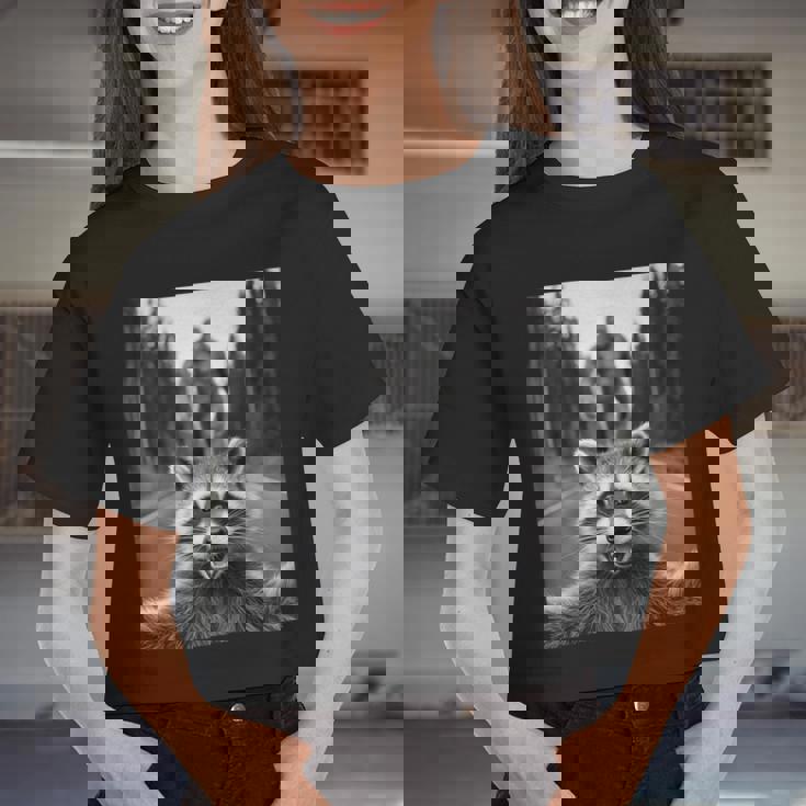 Scared Raccoon Selfie With Sasquatch Bigfoot Raccoon Women Crop Top