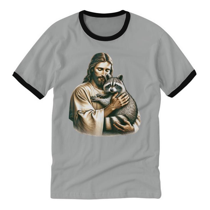 Vintage Jesus & Raccoon Cotton T-Shirt - Unisex Ringer Tee