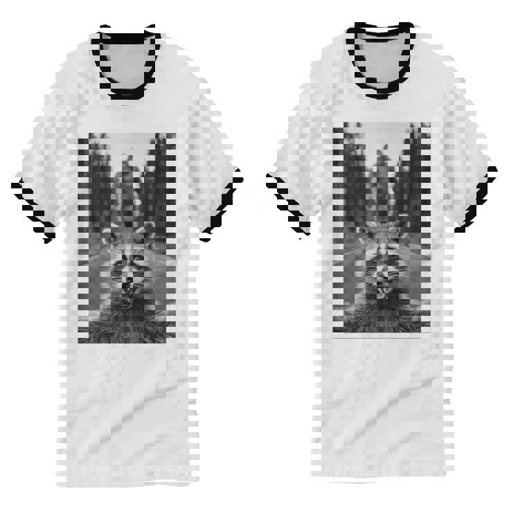 Raccoon Selfie Ringer T-Shirt - Unisex Cotton Tee with Bigfoot Design