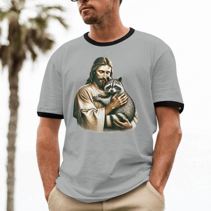 Vintage Jesus & Raccoon Cotton T-Shirt - Unisex Ringer Tee Vintage Jesus & Raccoon Cotton T-Shirt - Unisex Ringer Tee