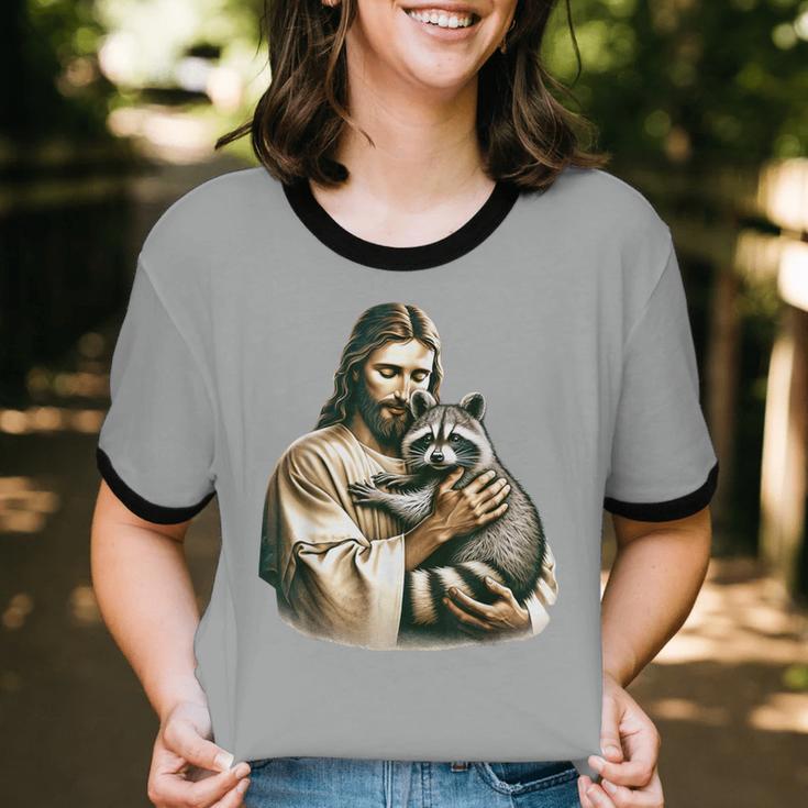 Vintage Jesus & Raccoon Cotton T-Shirt - Unisex Ringer Tee Vintage Jesus & Raccoon Cotton T-Shirt - Unisex Ringer Tee