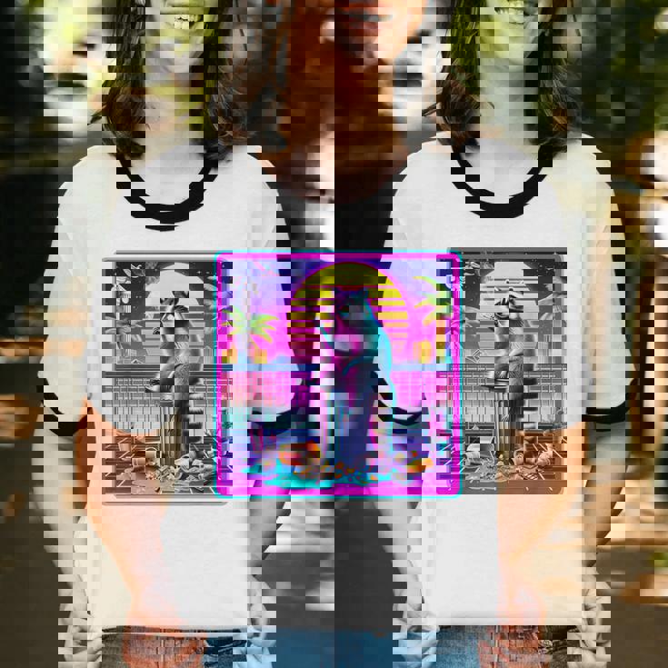 Vaporwave Raccoon Cotton Ringer T-Shirt - Retro Unisex Style