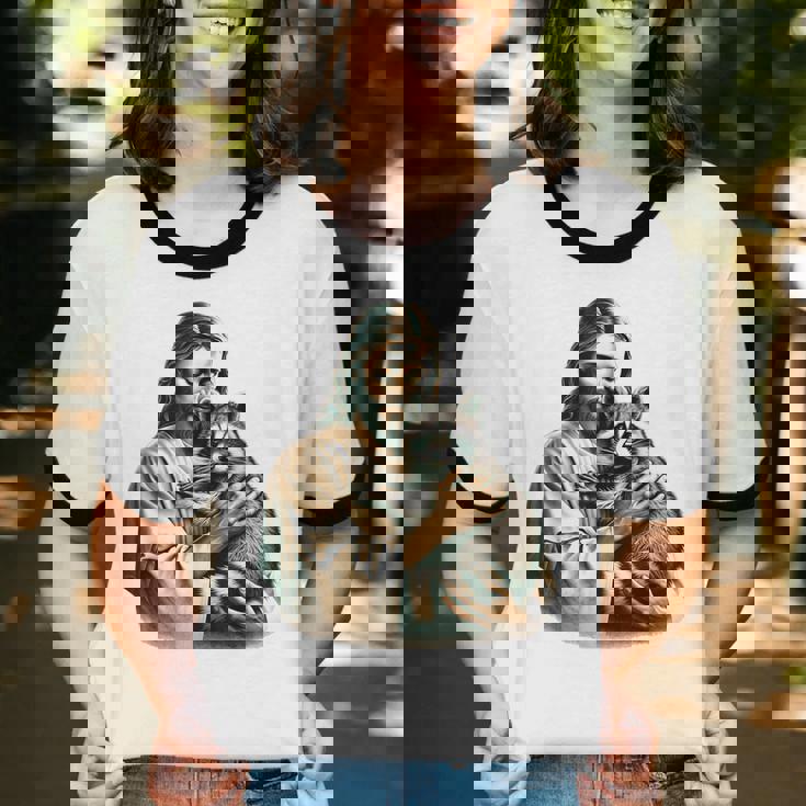 Vintage Jesus & Raccoon Cotton T-Shirt - Unisex Ringer Tee